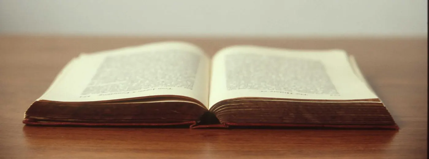 Open book lying on a table with its pages fanned out