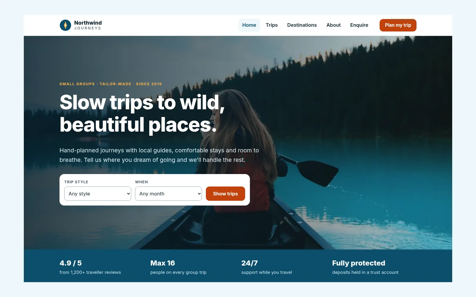 Travel agency template home page with trip finder